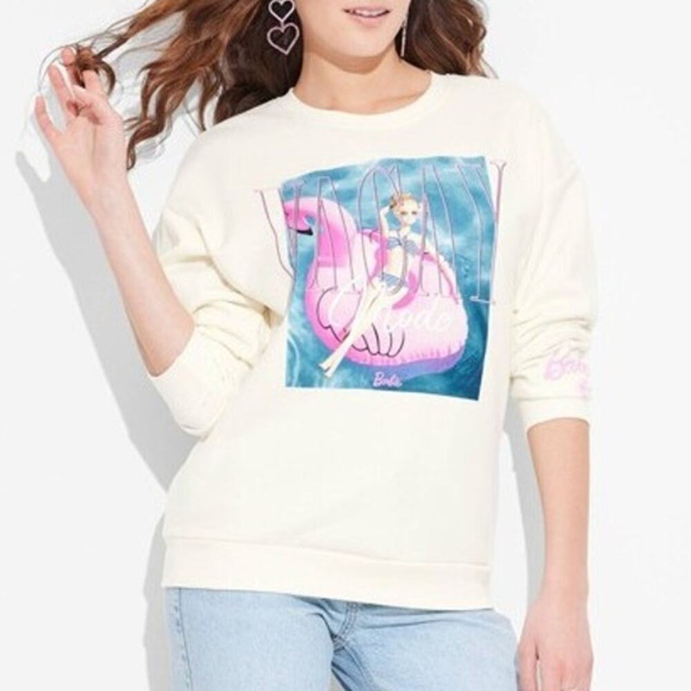 Barbie Women's Long Sleeve Graphic Vacay Mode Sweatshirt Size 3X Off White NWT
